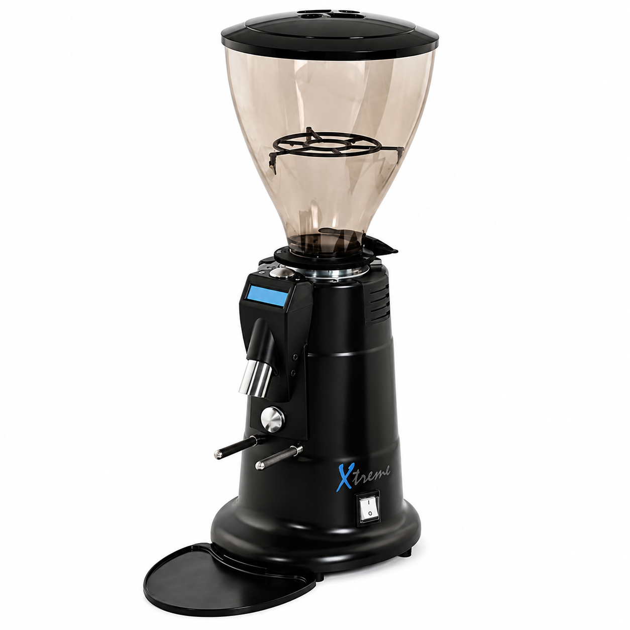 MACAP MXD Xtreme Digital Black Coffee Grinder from Cirelli Coffee, a high-performance black digital on-demand espresso grinder with three programmable doses, manual dosing, 75mm flat titanium blades, 480W low-speed motor, stepless grind adjustment, dosing counter and 1.4kg bean hopper.