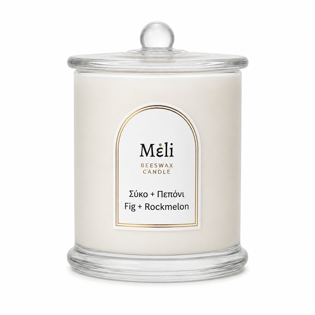 Meli Fig and Rockmelon Beeswax Candle 250g from Cirelli Coffee, a South Australian beeswax candle in a white gloss glass jar with wood wick, 40-hour burn time, and juicy melon, grape, peach, apricot, fig and vanilla fragrance notes.