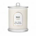 Meli Fig and Rockmelon Beeswax Candle 250g from Cirelli Coffee, a South Australian beeswax candle in a white gloss glass jar with wood wick, 40-hour burn time, and juicy melon, grape, peach, apricot, fig and vanilla fragrance notes.