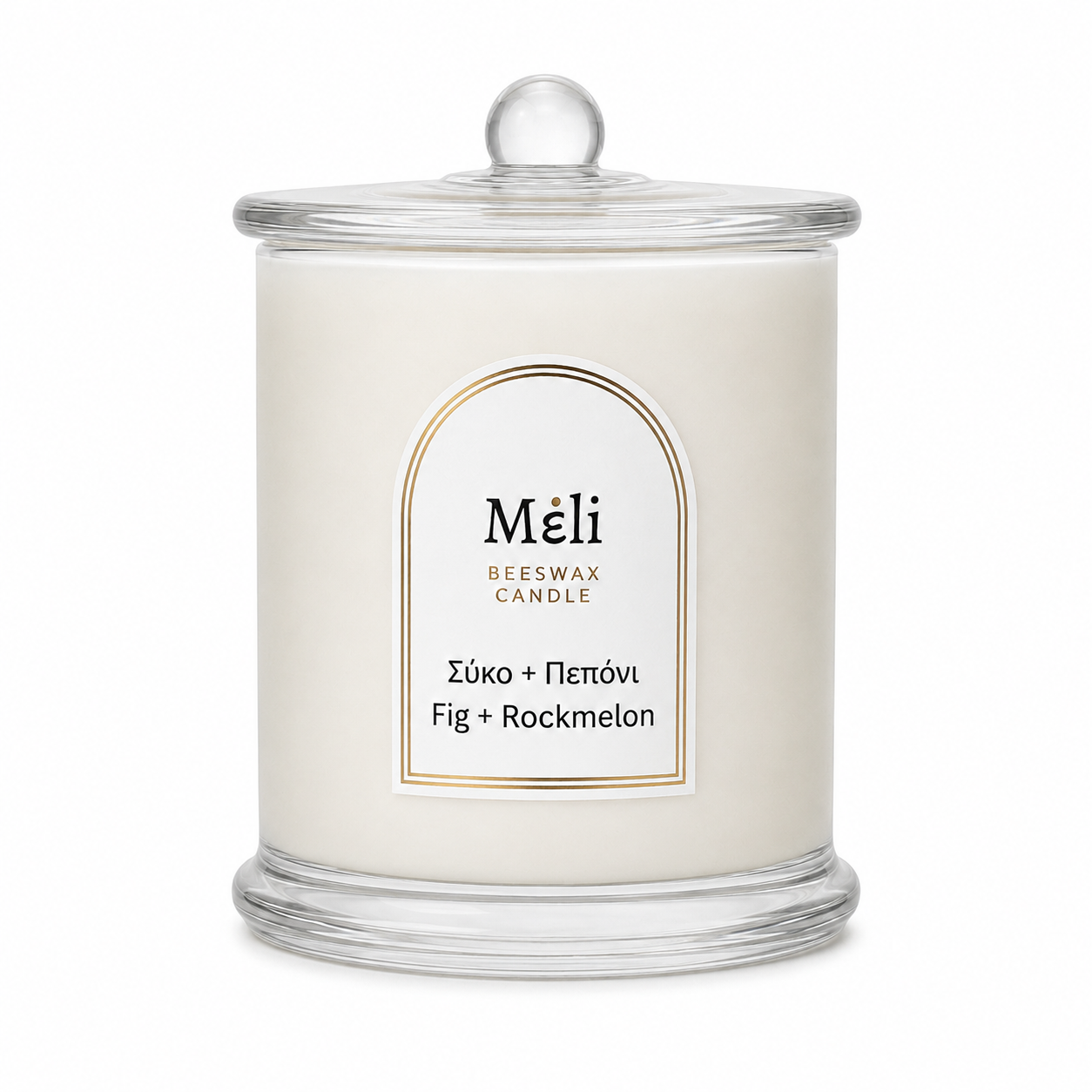 Meli Fig and Rockmelon Beeswax Candle 250g from Cirelli Coffee, a South Australian beeswax candle in a white gloss glass jar with wood wick, 40-hour burn time, and juicy melon, grape, peach, apricot, fig and vanilla fragrance notes.