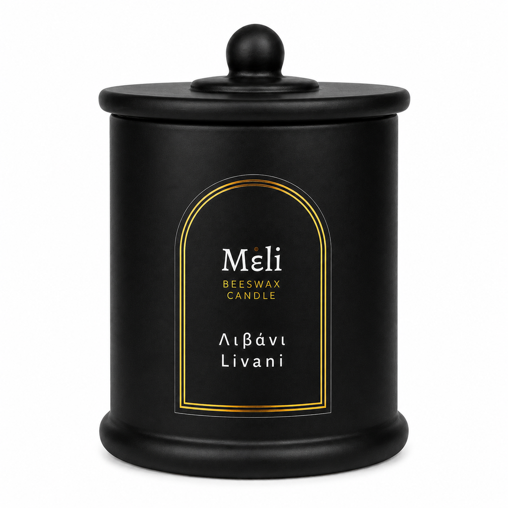 Meli Livani Beeswax Candle 250g from Cirelli Coffee, a South Australian beeswax candle in a matte black jar with lid, wood wick, 40-hour burn time, and warm incense, honey, cedarwood, musk, orris and patchouli fragrance notes.