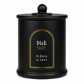 Meli Livani Beeswax Candle 250g from Cirelli Coffee, a South Australian beeswax candle in a matte black jar with lid, wood wick, 40-hour burn time, and warm incense, honey, cedarwood, musk, orris and patchouli fragrance notes.