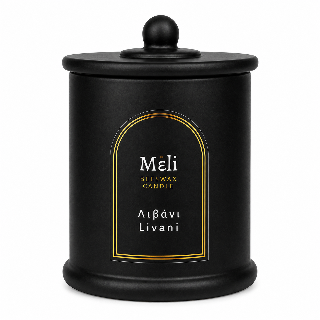 Meli Livani Beeswax Candle 250g from Cirelli Coffee, a South Australian beeswax candle in a matte black jar with lid, wood wick, 40-hour burn time, and warm incense, honey, cedarwood, musk, orris and patchouli fragrance notes.