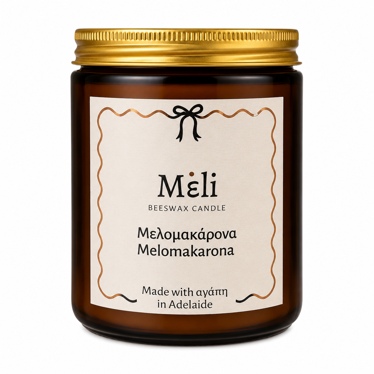 Meli Melomakarona Beeswax Candle 180g from Cirelli Coffee, a South Australian beeswax candle in a vintage amber jar with gold chrome lid, woodwick, 30-hour burn time, and warm honey, toasted walnut, cinnamon and clove fragrance notes.