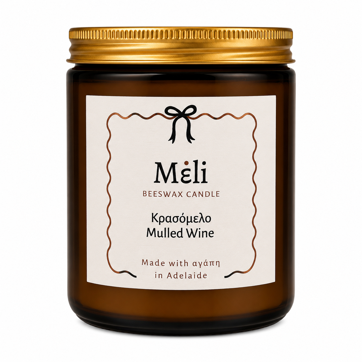 Meli Mulled Wine Beeswax Candle 180g from Cirelli Coffee, a South Australian beeswax candle in a vintage amber glass jar with gold lid, woodwick, 30-hour burn time, Brazilian orange essential oil, and warm fruit, honey, cinnamon, vanilla and spice fragrance notes.