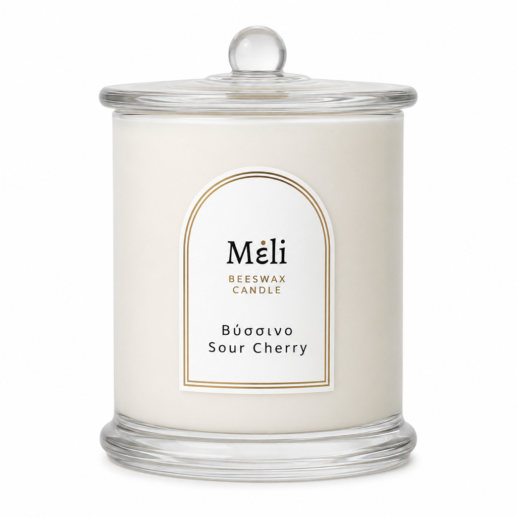 Meli Sour Cherry Beeswax Candle 250g from Cirelli Coffee, a South Australian beeswax candle in a white gloss jar with lid, wood wick, and orange, raspberry, almond, cherry, cinnamon, nutmeg and vanilla fragrance notes.