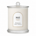 Meli Sour Cherry Beeswax Candle 250g from Cirelli Coffee, a South Australian beeswax candle in a white gloss jar with lid, wood wick, and orange, raspberry, almond, cherry, cinnamon, nutmeg and vanilla fragrance notes.
