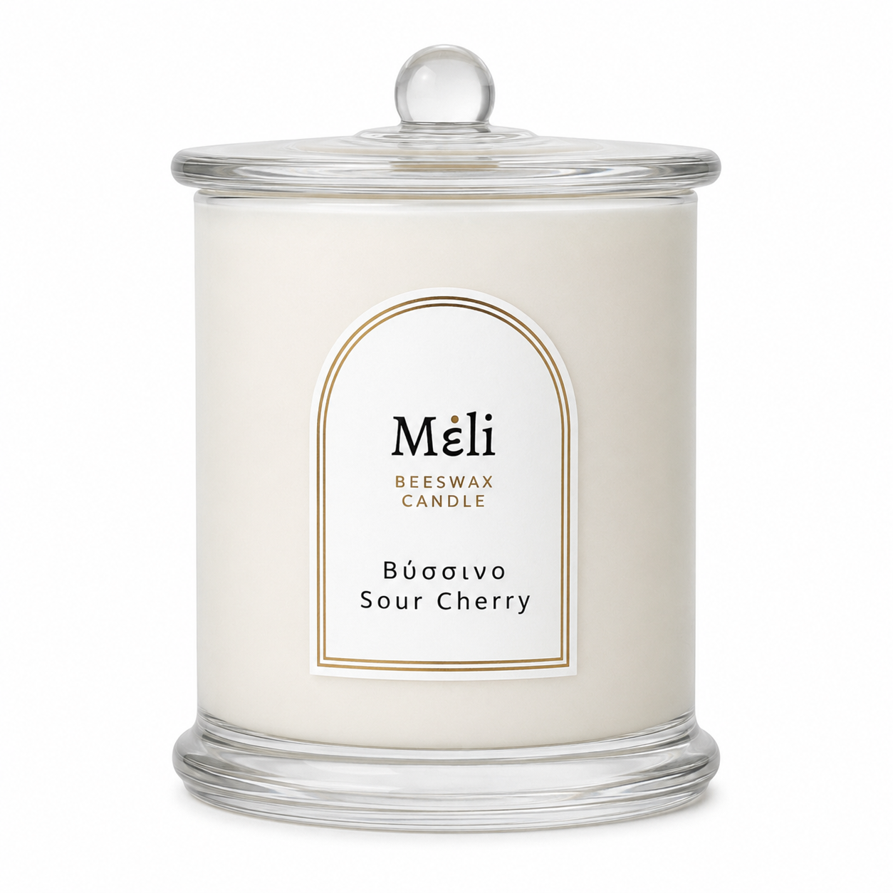 Meli Sour Cherry Beeswax Candle 250g from Cirelli Coffee, a South Australian beeswax candle in a white gloss jar with lid, wood wick, and orange, raspberry, almond, cherry, cinnamon, nutmeg and vanilla fragrance notes.