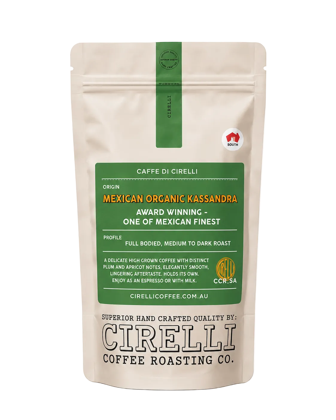 Mexican Organic Kassandra by Cirelli Coffee, an organic single origin Mexican coffee with chocolate, caramel, toasted nut, subtle fruit, and floral notes for espresso, milk coffee, plunger, pour over, and filter brewing.