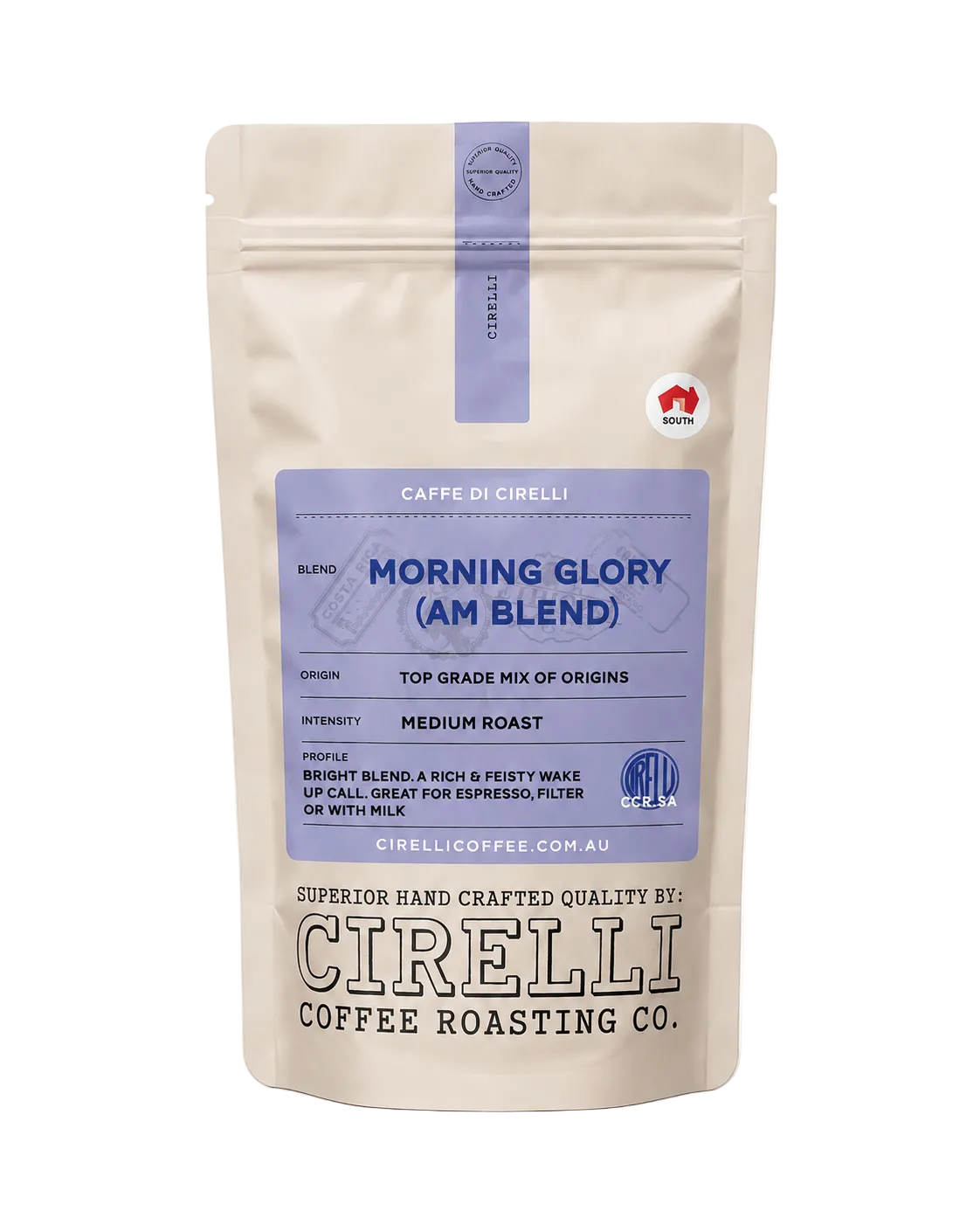 Morning Glory Coffee Blend by Cirelli Coffee, a bright full-bodied coffee with Brazil, Kenya, Costa Rica, and Ethiopia origins for espresso, milk coffee, plunger, drip filter, and cold brew.