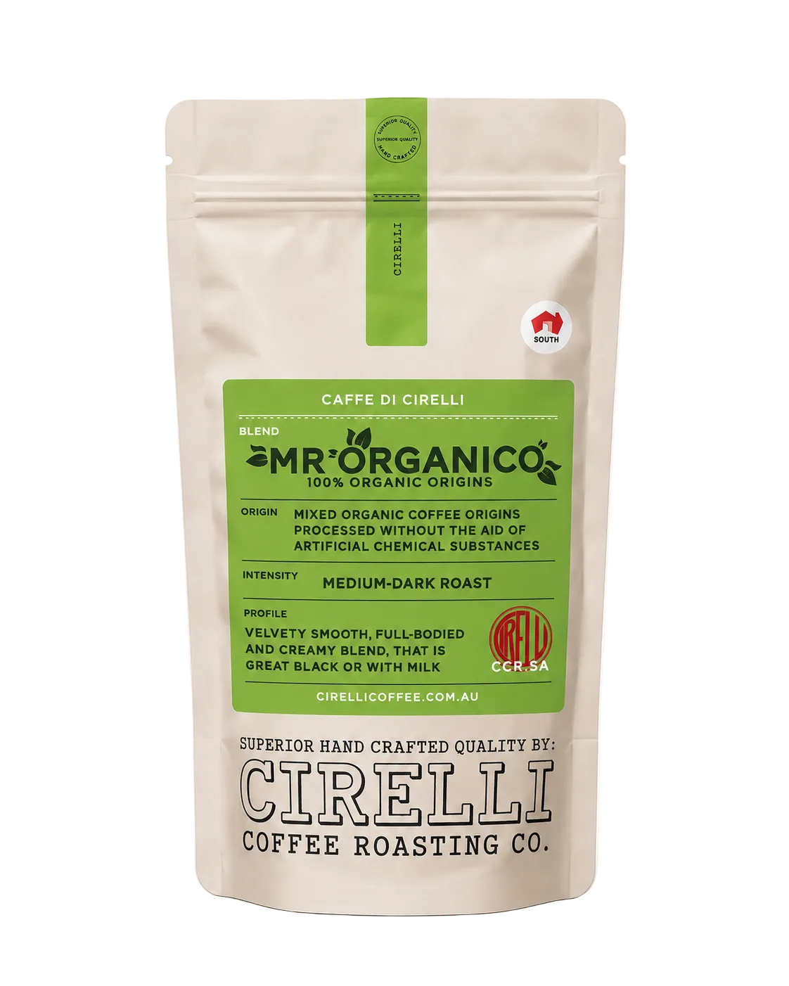 Mr Organico Coffee Blend by Cirelli Coffee, an organic medium-to-dark roast with cacao, toasted nut, and caramel notes for espresso, milk coffee, stovetop, plunger, and filter brewing.