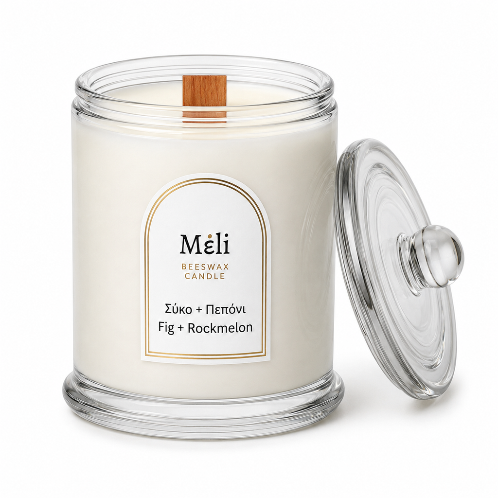 Meli Fig and Rockmelon Beeswax Candle 250g from Cirelli Coffee, a South Australian beeswax candle in a white gloss glass jar with wood wick, 40-hour burn time, and juicy melon, grape, peach, apricot, fig and vanilla fragrance notes.