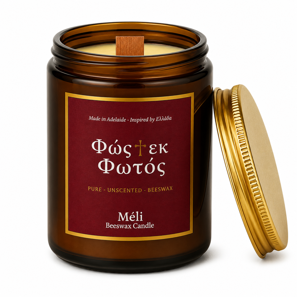 Meli Fos Ek Fos Light from Light Unscented Beeswax Candle 180g from Cirelli Coffee, a South Australian beeswax candle in an amber gloss jar with gold lid, cotton wick, 20-hour burn time, no added fragrance, and a soft golden glow.
