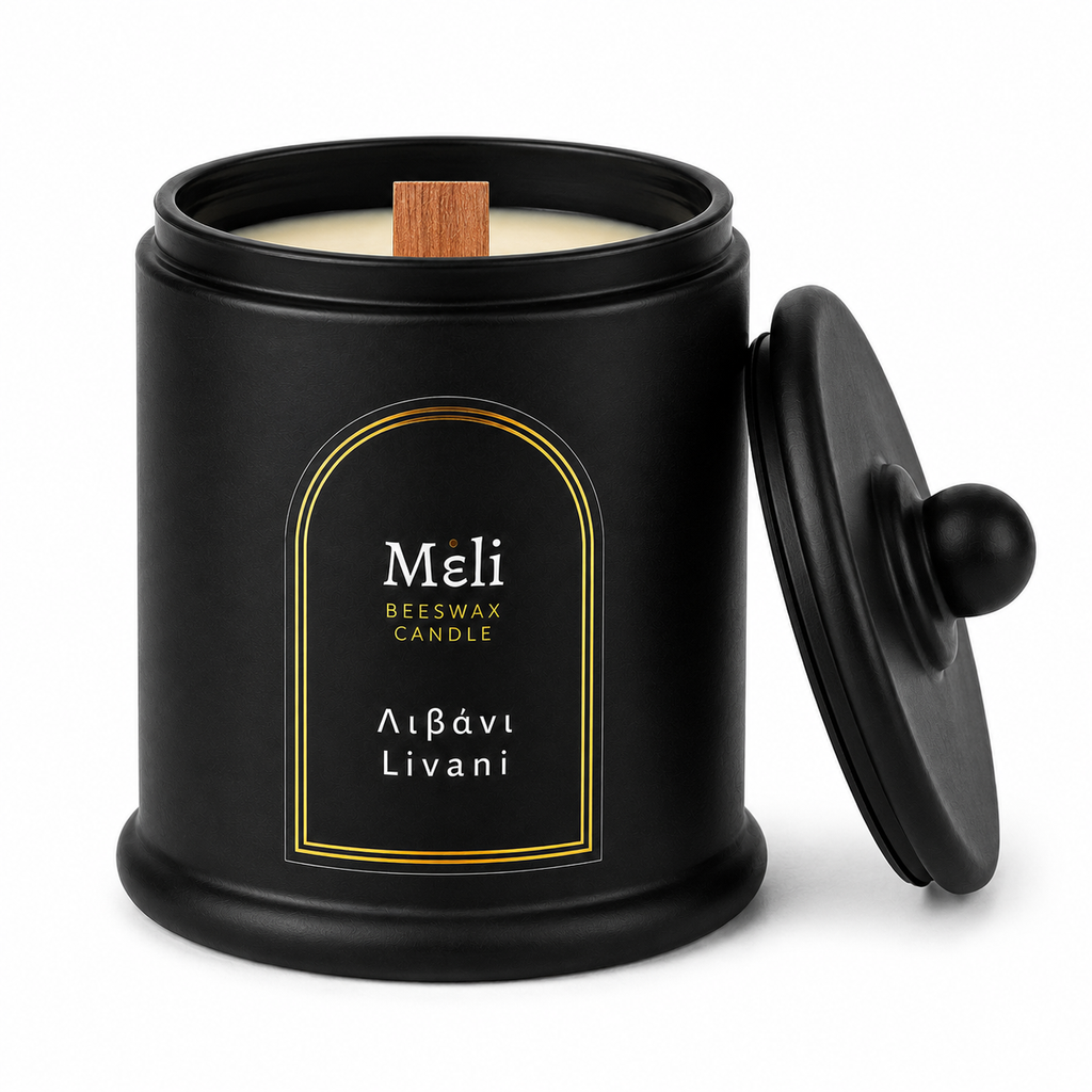 Meli Livani Beeswax Candle 250g from Cirelli Coffee, a South Australian beeswax candle in a matte black jar with lid, wood wick, 40-hour burn time, and warm incense, honey, cedarwood, musk, orris and patchouli fragrance notes.