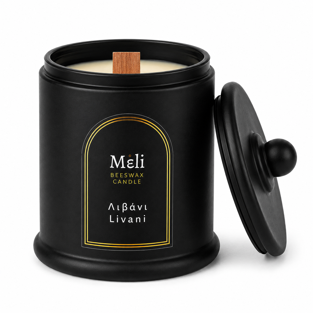 Meli Livani Beeswax Candle 250g from Cirelli Coffee, a South Australian beeswax candle in a matte black jar with lid, wood wick, 40-hour burn time, and warm incense, honey, cedarwood, musk, orris and patchouli fragrance notes.