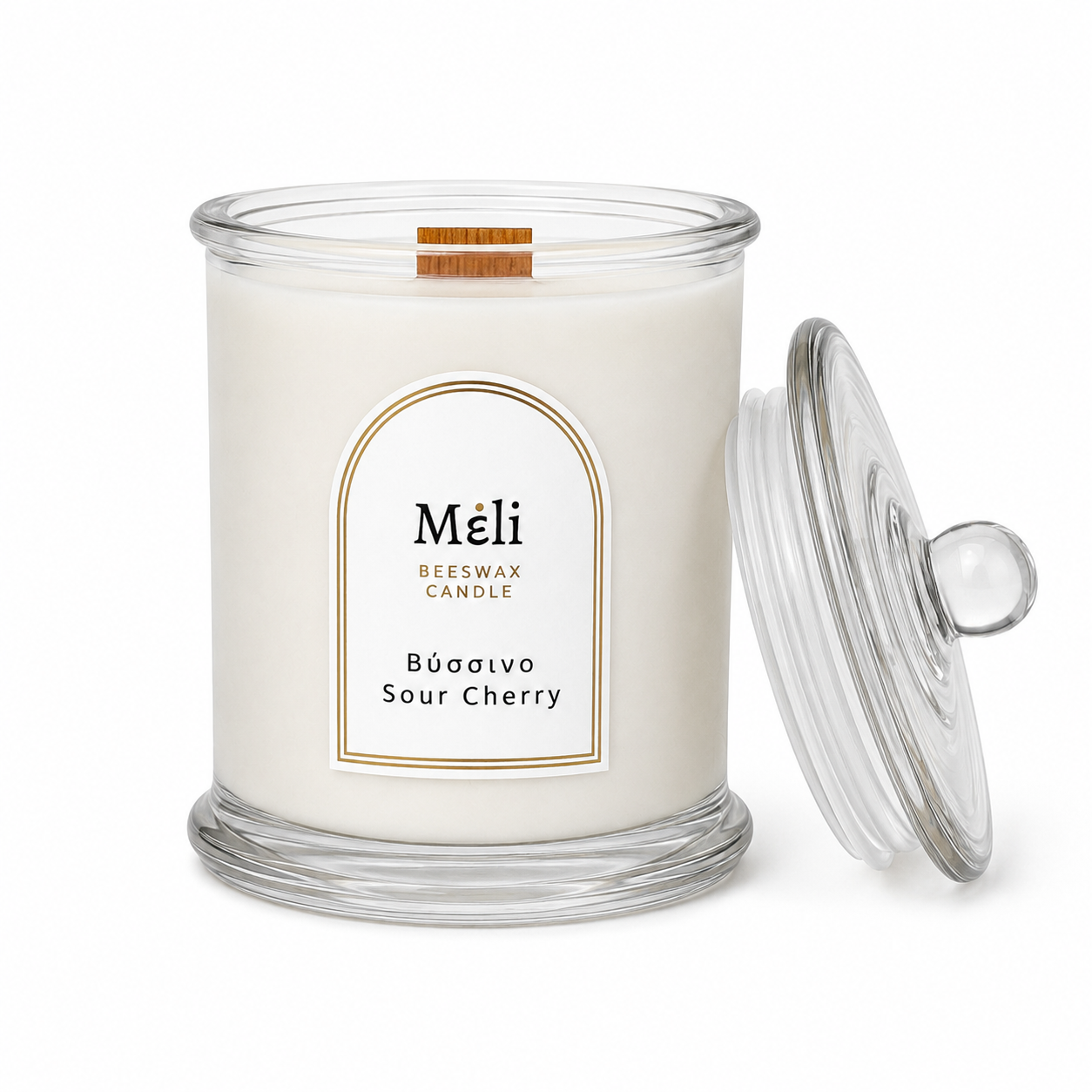 Meli Sour Cherry Beeswax Candle 250g from Cirelli Coffee, a South Australian beeswax candle in a white gloss jar with lid, wood wick, and orange, raspberry, almond, cherry, cinnamon, nutmeg and vanilla fragrance notes.