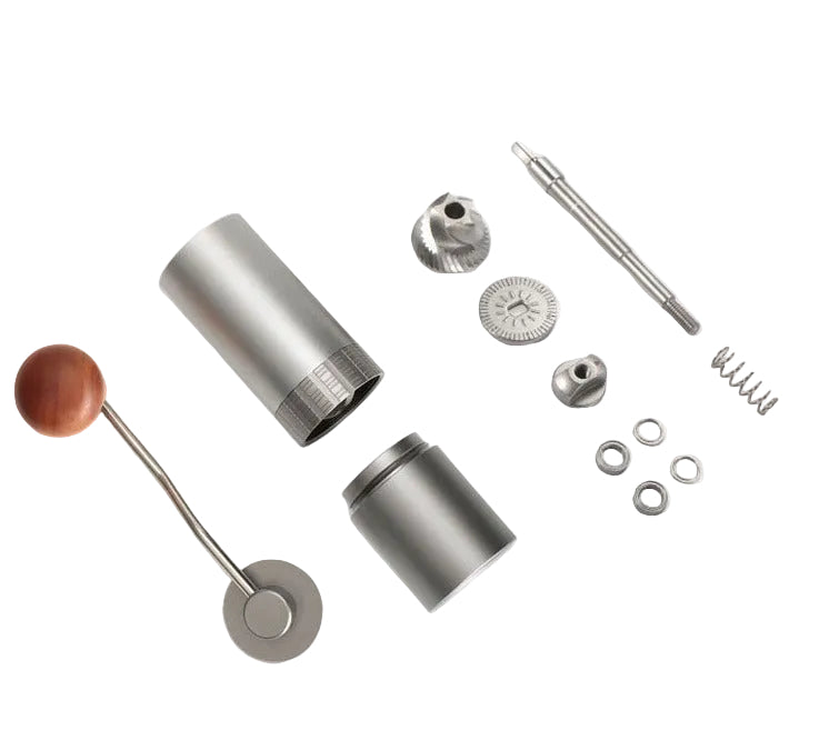 Precision Hand Grinder from Cirelli Coffee, a manual coffee grinder with black finish, wooden handle, stainless steel conical burrs, aluminium and stainless steel construction, wide grind adjustment, dosing ring, brush and grinder blower for espresso-style and filter coffee brewing.