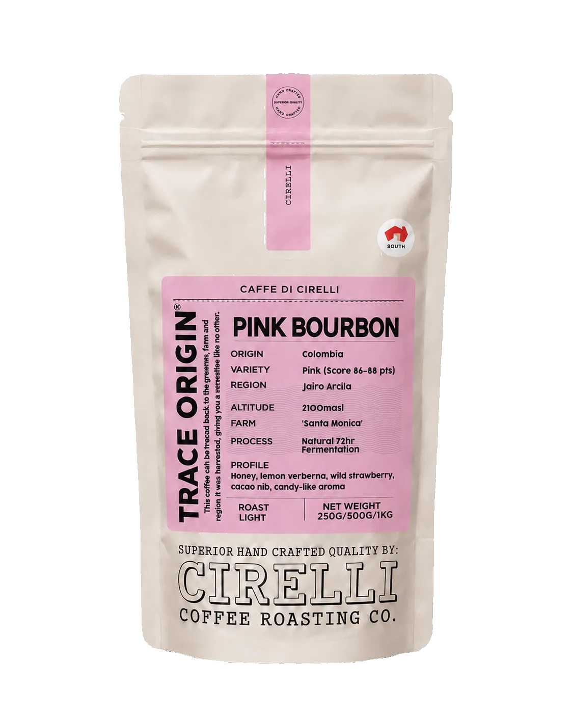 Pink Bourbon specialty coffee by Cirelli Coffee, a light roast Colombian coffee with honey, lemon verbena, wild strawberry, cacao nib, candy-like sweetness, gentle wine aroma, and natural fermentation.