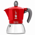 Bialetti Induction Moka from Cirelli Coffee, an Italian stovetop coffee maker compatible with induction and other cooktops, available in red or black and 4 cup or 6 cup options for rich full-bodied moka coffee at home.
