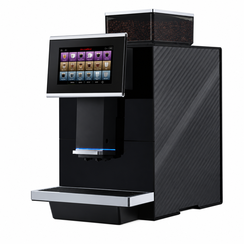 F15 Automatic Coffee Machine from Cirelli Coffee, a compact fully automatic office coffee machine with 7-inch touchscreen, 16g brewing system, 1kg bean hopper, 64mm stainless steel burrs, milk temperature adjustment and automatic cleaning for workplace coffee service.