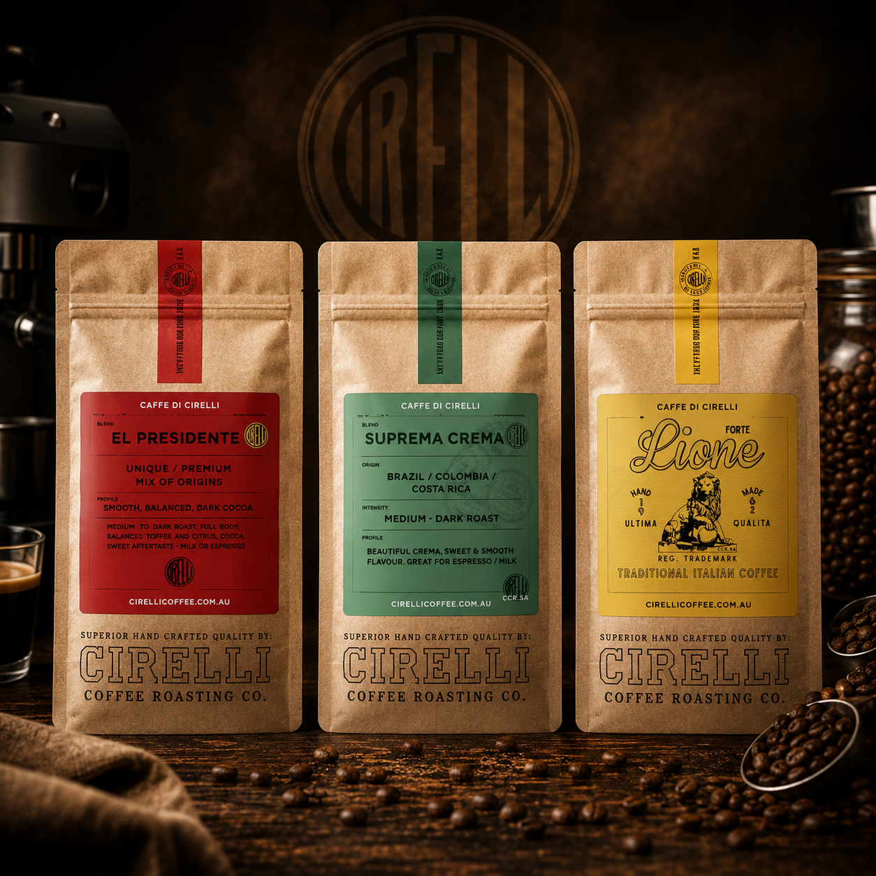 Cirelli Coffee roasted coffee beans and blends collection featuring espresso blends, organic coffee, single origin coffee, decaf, cold brew, and specialty coffee for home and office brewing.