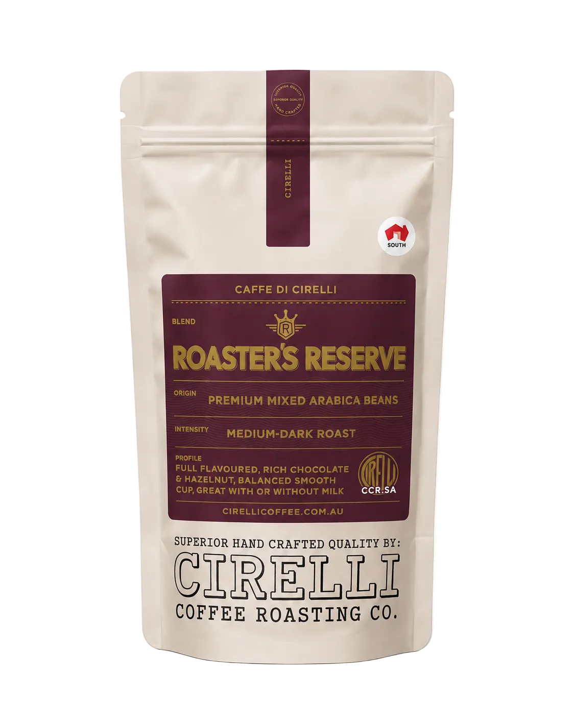Roasters Blend by Cirelli Coffee, a smooth full-bodied coffee with creamy depth and gentle acidity for espresso, milk coffee, plunger, drip filter, and stovetop brewing.