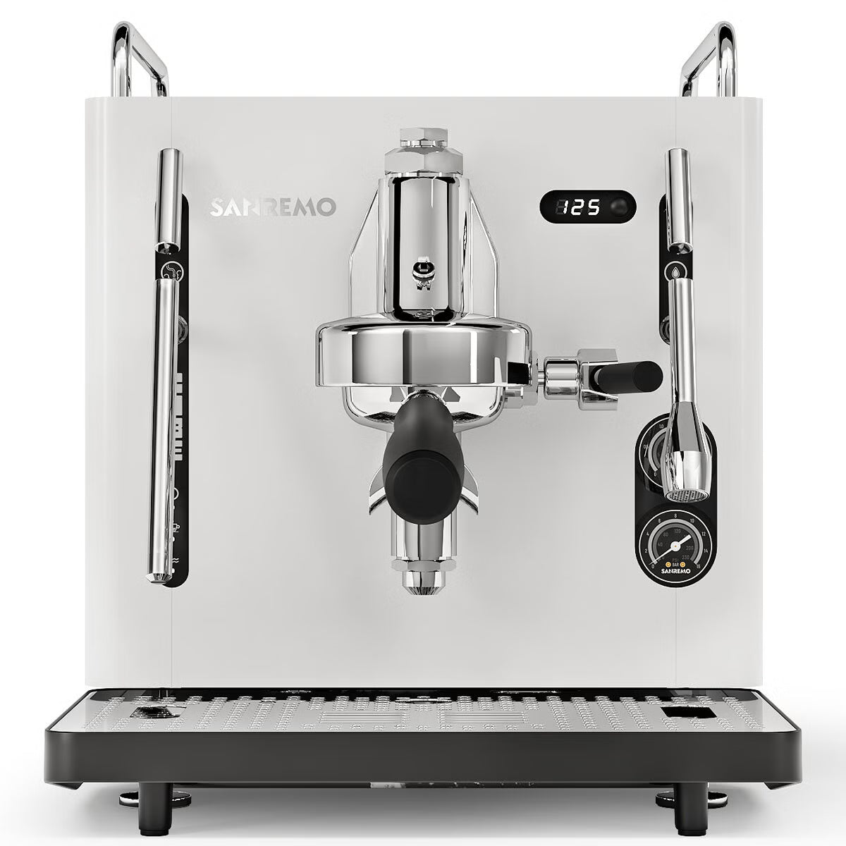 Sanremo Cube R 1 Group coffee machine from Cirelli Coffee, a gloss red heat exchanger espresso machine with E61 group head, rotary pump, PID temperature control, Wi-Fi app connectivity, scheduling, and smart home barista features.