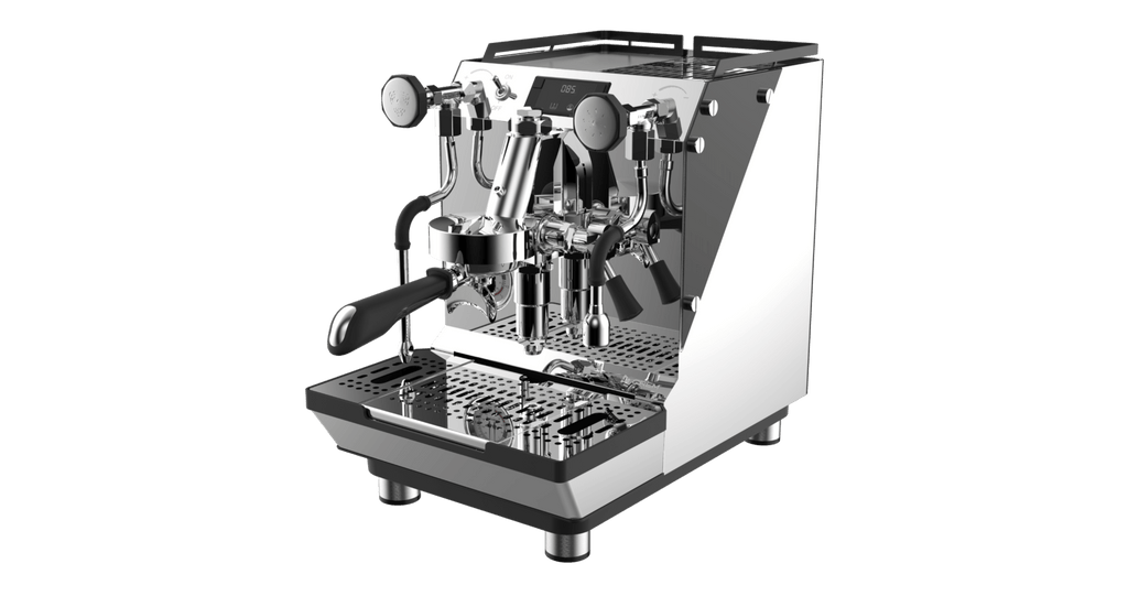 Crem ONE Dual Boiler RP GSP PID coffee machine from Cirelli Coffee, a professional one group espresso machine with dual boiler PID, rotary pump, E61 group head, Gradual Soft Pre-Infusion, OLED display, and modern design.