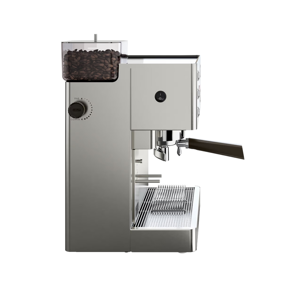 Lelit Kate coffee machine from Cirelli Coffee, a compact stainless steel espresso machine with built-in grinder, LELIT58 commercial grouphead, LCC OLED display, manometer, brass boiler, and anti-burn steam wand for home baristas.