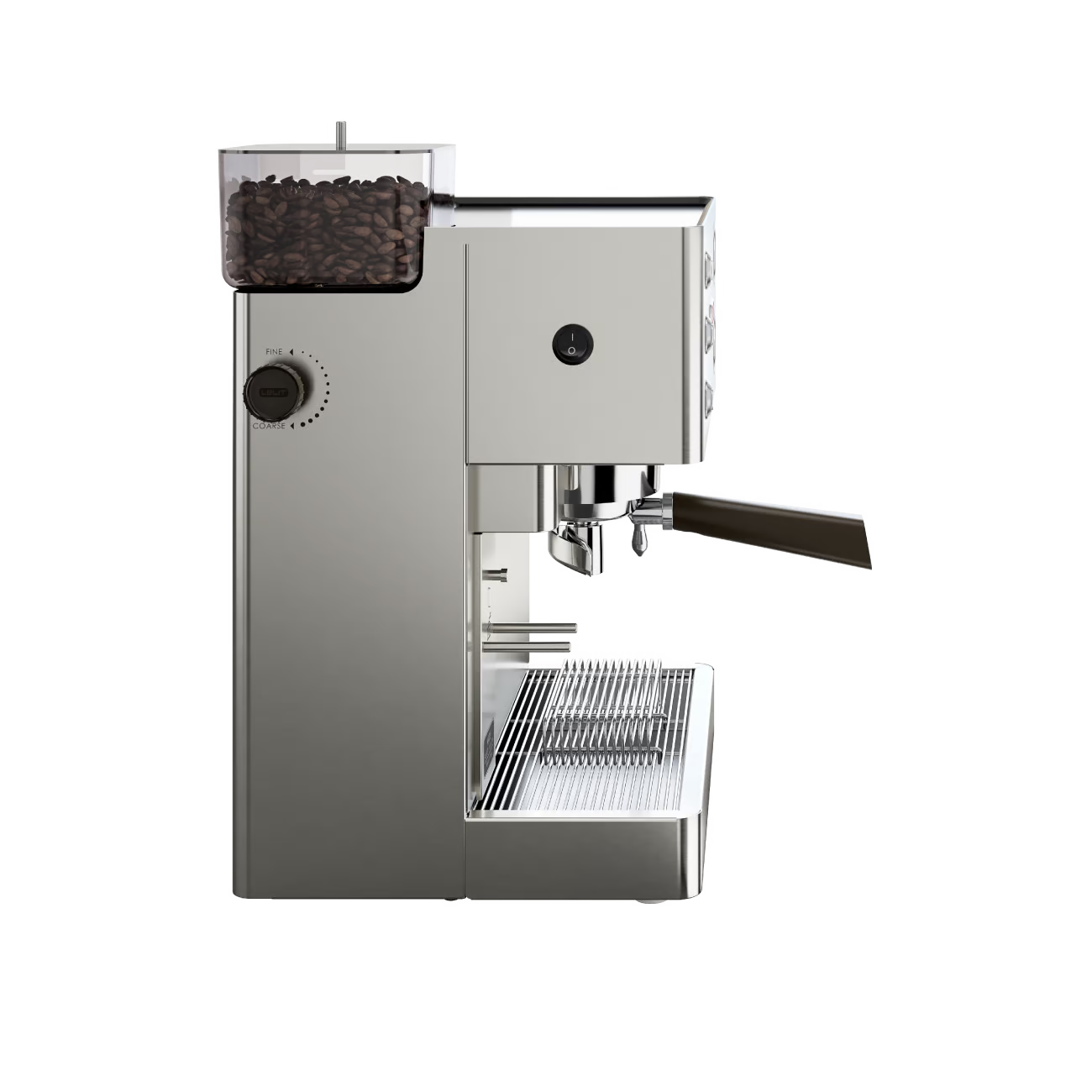 Lelit Kate coffee machine from Cirelli Coffee, a compact stainless steel espresso machine with built-in grinder, LELIT58 commercial grouphead, LCC OLED display, manometer, brass boiler, and anti-burn steam wand for home baristas.
