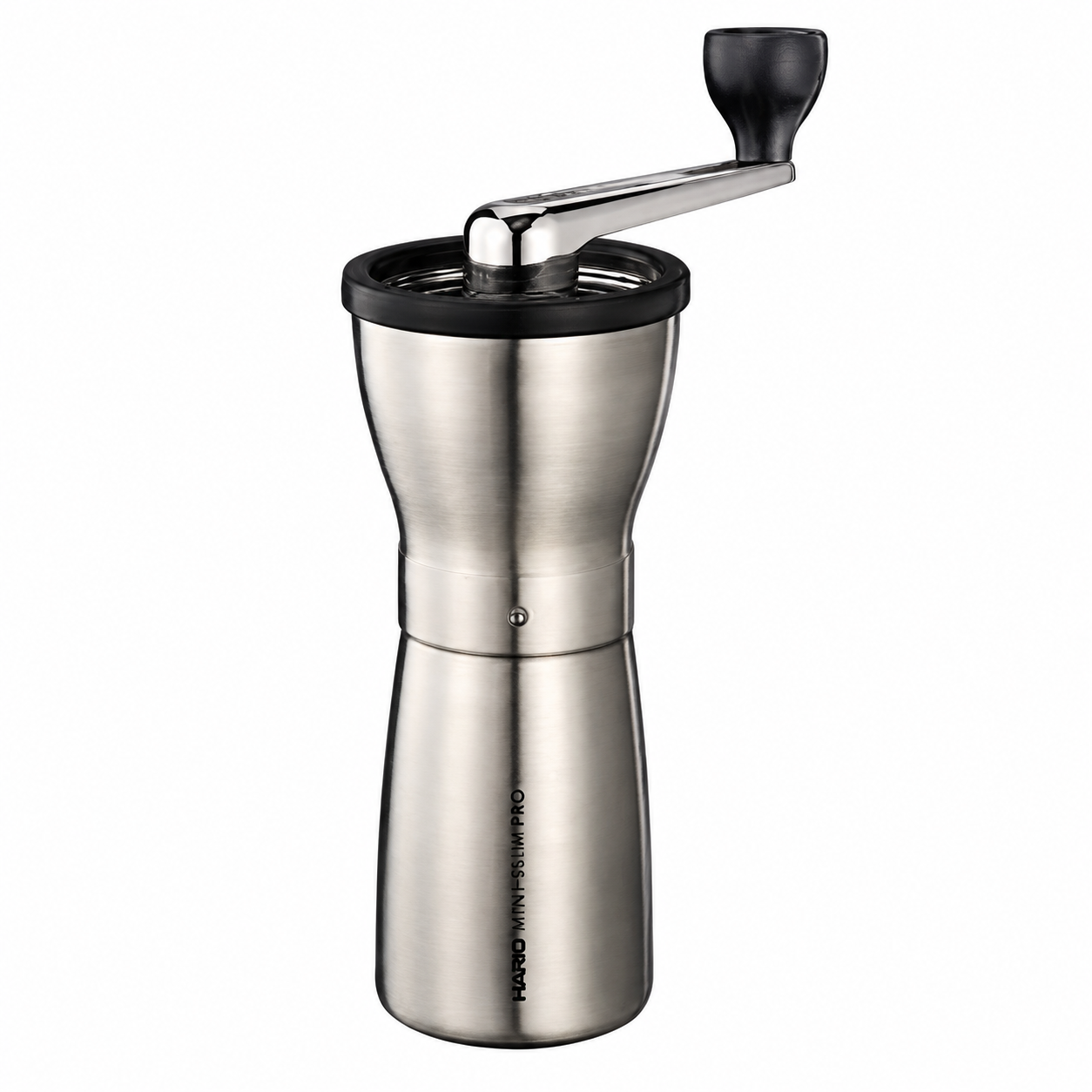 Hario Coffee Mill Slim Pro from Cirelli Coffee, a slim manual coffee grinder with stainless steel body, cast aluminium handle, ceramic conical burrs, adjustable grind coarseness and 24g roasted coffee capacity for home, office, travel and filter coffee brewing.