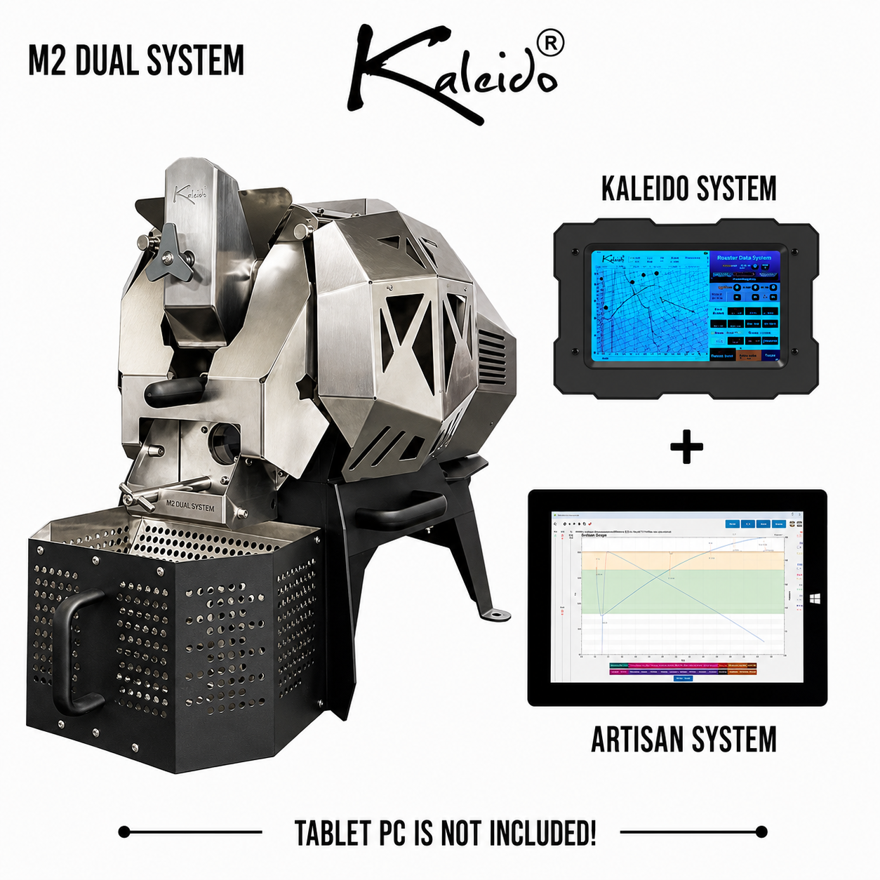 Kaleido M2 Dual System 400g Coffee Roaster from Cirelli Coffee, available in Black, White, Stainless Steel, and Bronze, with Kaleido and Artisan compatibility, included Kaleido tablet, 50g to 400g roasting capacity, adjustable heat, fan and drum speed, infrared heating, USB and Bluetooth connection, chaff collection, and cooling fan.