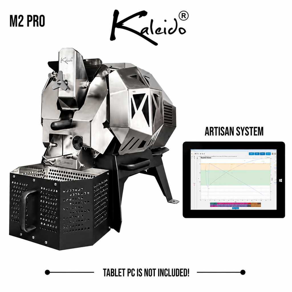 Kaleido M2 Pro 400g Coffee Roaster from Cirelli Coffee, available in Black, White, Stainless Steel, and Bronze, with Artisan compatibility, 50g to 400g roasting capacity, adjustable heat, fan and drum speed, infrared heating, USB and Bluetooth connection, automatic chaff collection, and cooling fan.