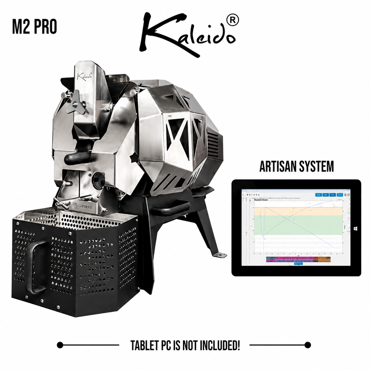 Kaleido M2 Pro 400g Coffee Roaster from Cirelli Coffee, available in Black, White, Stainless Steel, and Bronze, with Artisan compatibility, 50g to 400g roasting capacity, adjustable heat, fan and drum speed, infrared heating, USB and Bluetooth connection, automatic chaff collection, and cooling fan.