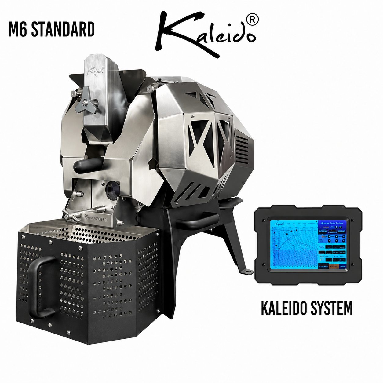Kaleido M6 Standard 700g Coffee Roaster from Cirelli Coffee, available in Black, White, Stainless Steel, and Bronze, with Kaleido touchscreen control, 200g to 700g roasting capacity, adjustable heat, fan and drum speed, infrared heating, temperature probes, roast curve saving, automatic chaff collection, and cooling fan.