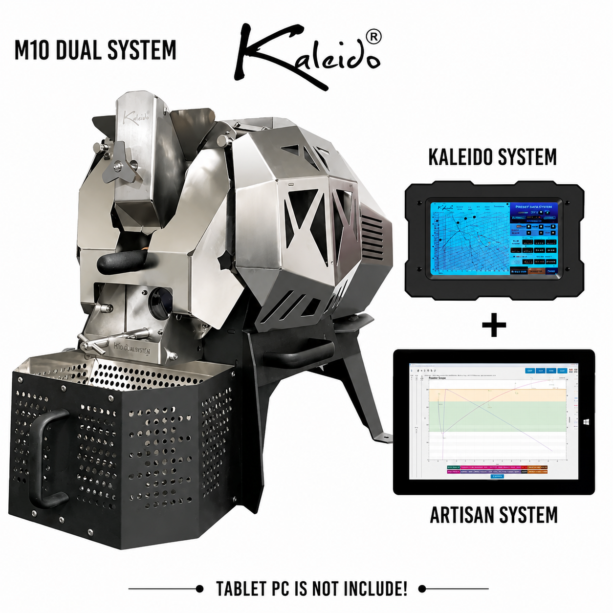M10 Dual 1.2kg Coffee Roaster from Cirelli Coffee, available in Black, White, Stainless Steel, and Bronze, with Kaleido tablet, Artisan Bluetooth compatibility, 300g to 1200g roasting capacity, adjustable heat, fan and drum speed, infrared heating, roast curve saving, chaff collection, and automatic cooling fan.