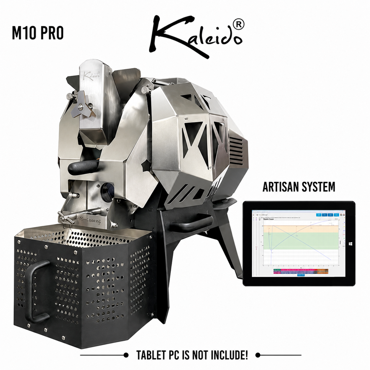 M10 Pro 1.2kg Coffee Roaster from Cirelli Coffee, available in Black, White, Stainless Steel, and Bronze, with Artisan compatibility, 300g to 1200g roasting capacity, adjustable heat, fan and drum speed, infrared heating, roast curve saving, automatic chaff collection, and cooling fan.