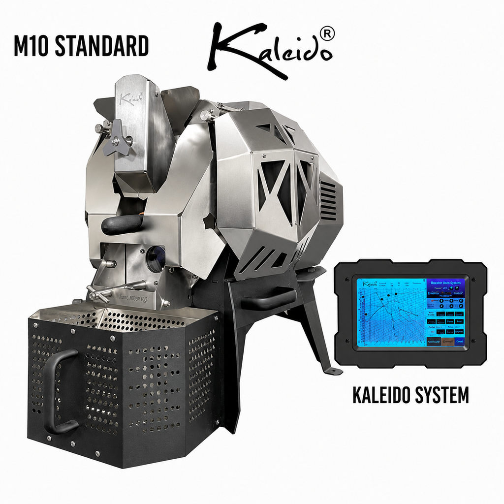 M10 Standard 1.2kg Coffee Roaster from Cirelli Coffee, available in Black, White, Stainless Steel, and Bronze, with Kaleido touchscreen control, 300g to 1200g roasting capacity, 2600W heating, temperature profiling, patented sampler, automatic chaff collection, smoke extraction, and rapid cooling.