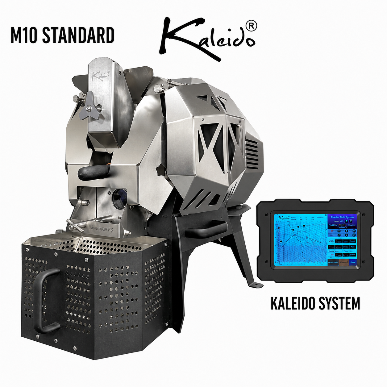 M10 Standard 1.2kg Coffee Roaster from Cirelli Coffee, available in Black, White, Stainless Steel, and Bronze, with Kaleido touchscreen control, 300g to 1200g roasting capacity, 2600W heating, temperature profiling, patented sampler, automatic chaff collection, smoke extraction, and rapid cooling.
