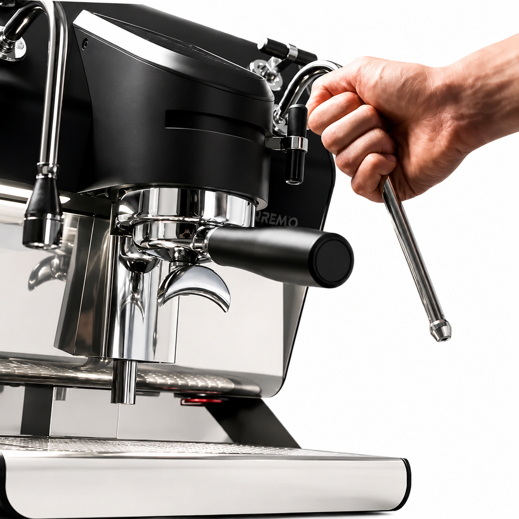 Sanremo YOU Coffee Machine from Cirelli Coffee, a professional single group multiboiler espresso machine with touchscreen control, custom extraction profiles, manual paddle control, adjustable pre-infusion and post-infusion, USB profile sharing, and advanced espresso control.