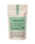 Suprema Crema Coffee Blend by Cirelli Coffee, a smooth medium-dark roast with cacao, toasted nut, and caramel notes for espresso, Bialetti, milk coffee, plunger, and filter brewing.