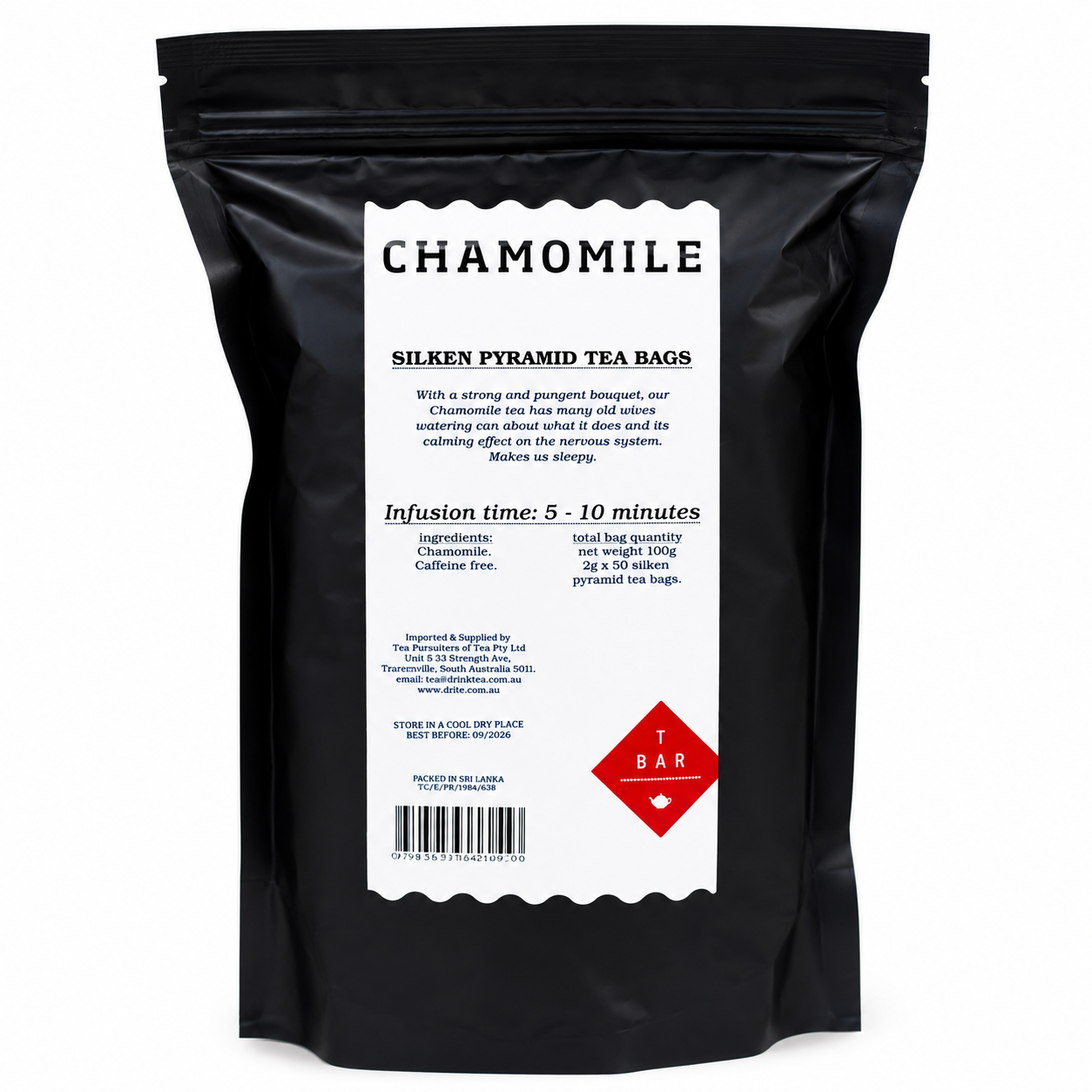 T-Bar Camomile Pyramid Tea Bags 50’s from Cirelli Coffee, a gentle caffeine-free herbal tea with soft floral flavour in quality silken pyramid tea bags for cafés, offices, hospitality, guest rooms and home brewing.