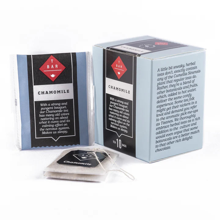 T-Bar Chamomile Tea Bags 10pk from Cirelli Coffee, a naturally caffeine-free herbal tea with gentle floral aroma, smooth flavour and calming finish, grown in Sri Lanka and packaged in South Australia by T BAR Tea.