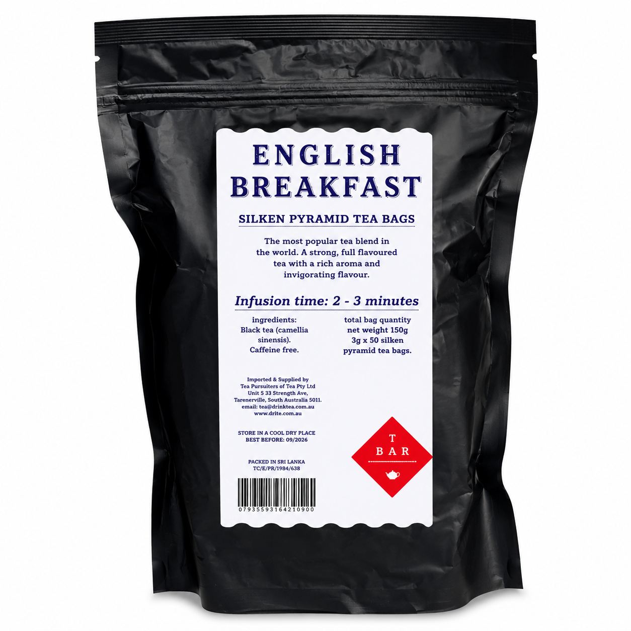 T-Bar English Breakfast Pyramid Tea Bags 50’s from Cirelli Coffee, a premium black tea with rich malty flavour and a hint of candied orange in quality silken pyramid tea bags for cafés, offices, hospitality, guest rooms and home brewing.