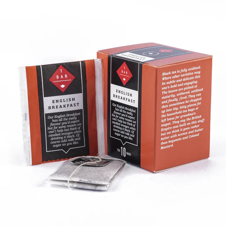 T-Bar English Breakfast Tea 10pk from Cirelli Coffee, a classic black tea with rich malty flavour, subtle candied orange notes and convenient travel-size unbleached paper tea bags that are compostable, including the little staple.