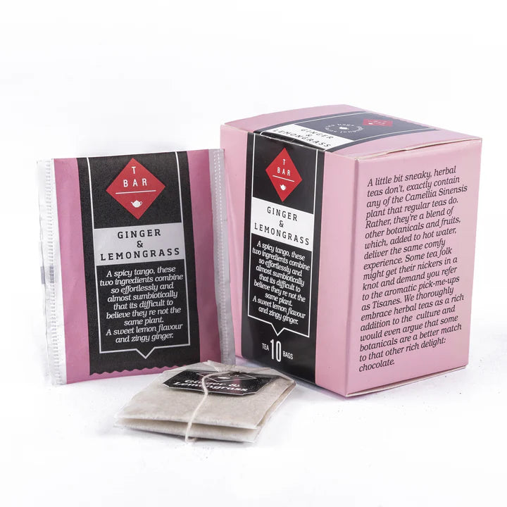 T-Bar Ginger and Lemongrass Herbal Tea 10pk from Cirelli Coffee, a vibrant caffeine-free silk bag herbal infusion with warming ginger and fresh citrusy lemongrass for digestion, relaxation, cafés, offices and home brewing.
