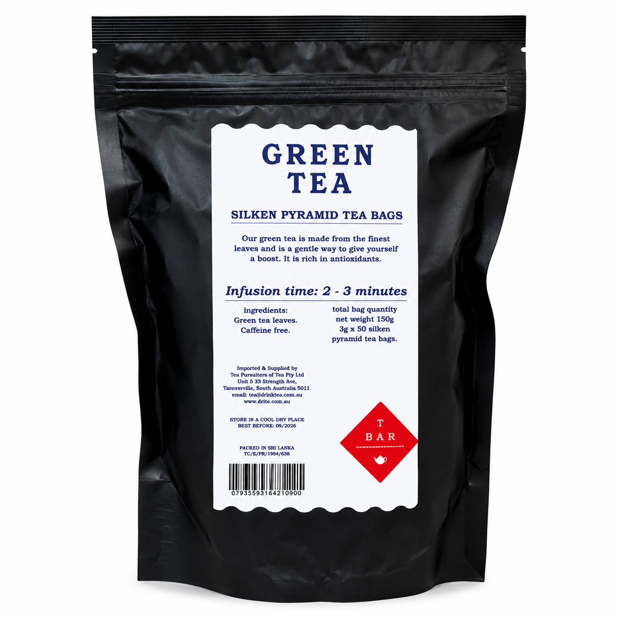 T-Bar Green Tea Pyramid Tea Bags 50’s from Cirelli Coffee, a smooth refreshing green tea in quality silken pyramid tea bags for cafés, offices, hospitality, guest rooms and home brewing.