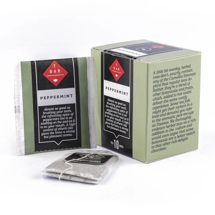 T-Bar Peppermint Tea Bags 10pk from Cirelli Coffee, a caffeine-free herbal infusion with cooling mint aroma, smooth flavour and crisp finish, sourced from Sri Lanka and expertly packed by T BAR Tea.