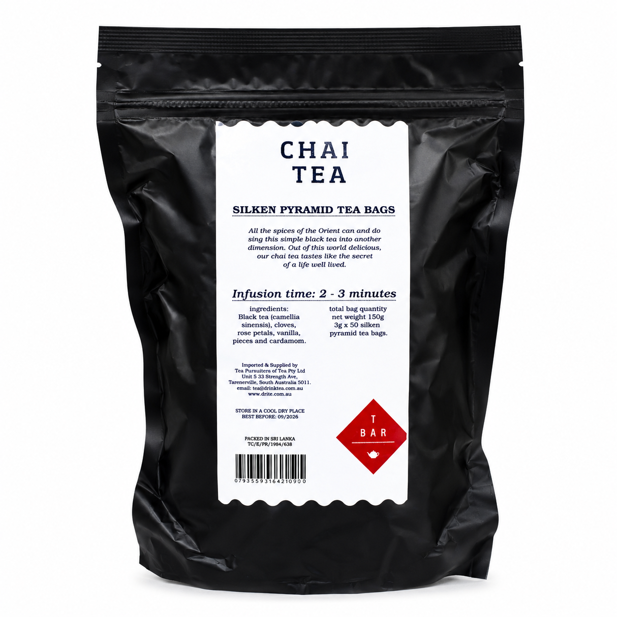 T-Bar Prosperi-T Chai Pyramid Tea Bags 50’s from Cirelli Coffee, a warm aromatic chai-style tea in premium pyramid tea bags for cafés, offices, hospitality, guest rooms and home brewing.