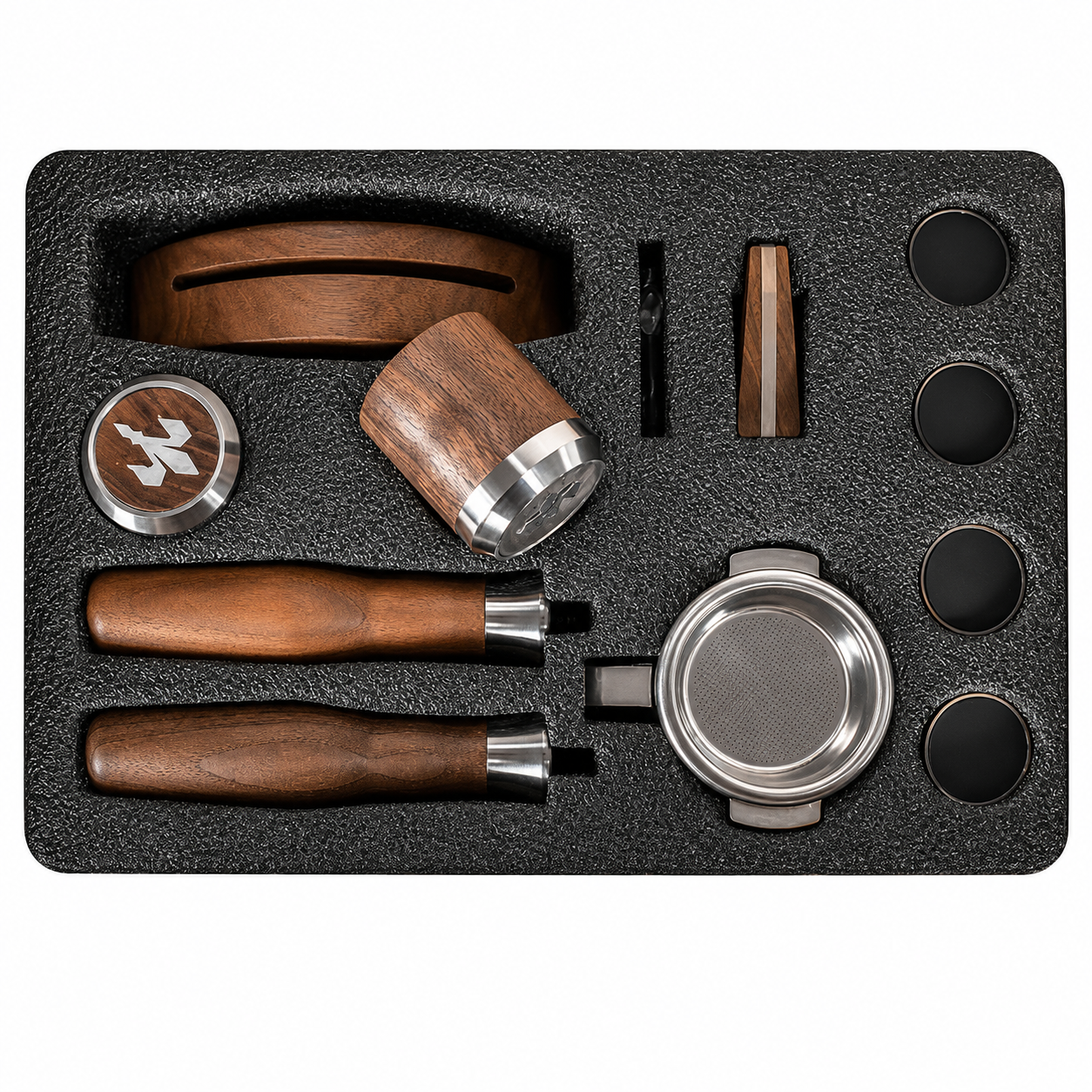 Linea Mini Timber Kit Walnut Stainless Steel from Cirelli Coffee, a premium upgrade kit for La Marzocco Linea Mini with walnut timber parts, stainless steel feet, group paddle, knobs, group cover, top panel, and bottomless portafilter.